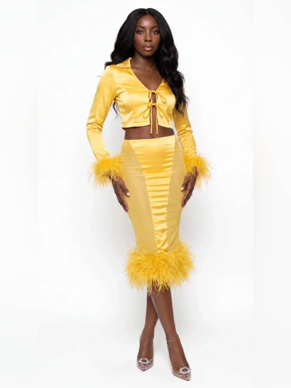 Miss Circle New York Celeste Yellow Satin Mesh Feather Trim Two-Piece Large NWT
